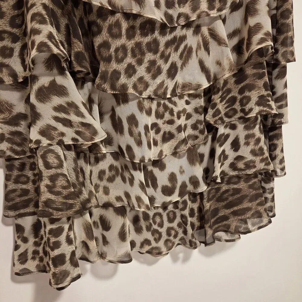 Talbots CHIFFON LEOPARD CHEETAH TIER RUFFLE SKIRT 14P Womens Y2K Preppy 00s